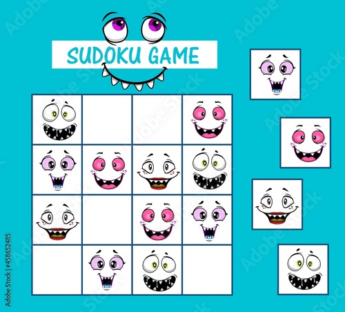 Sudoku kids game vector riddle with cartoon funny faces and monster muzzles on board. Children logic riddle, educational task, school or preschool activity, leisure recreation, boardgame with cards
