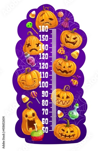 Kids height chart with Halloween pumpkin lanterns, vector growth measuring meter. Kids height chart or baby measure with Halloween cartoon pumpkin monsters and trick or treat candies with witch potion