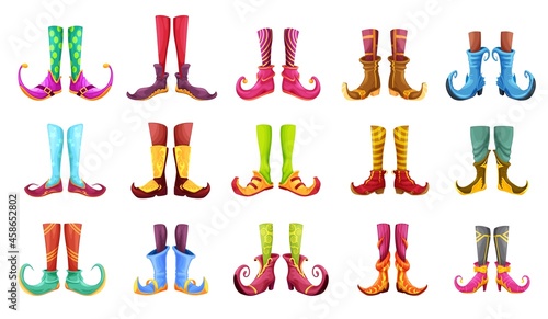 Cartoon legs of gnome, elf, wiz, magician, warlock, wizard and sorcerer. Cute vector feet in colorful stoking and nosy boots. Witch, Santa helper or leprechaun legs in funny shoes isolated cartoon set
