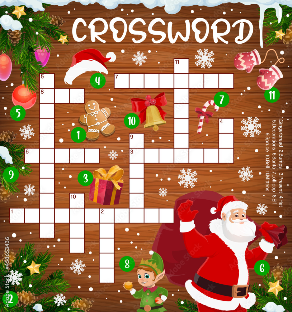 Christmas crossword cross puzzle with Santa and gifts, pine tree and  gingerbread, elf and lollipop candy. Find word quiz for kids, educational  riddle with Christmas cartoon characters, wood background Stock Vector |