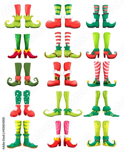 Feets of Christmas elf, leprechaun, gnome, fairy and dwarf with cartoon vector shoes or funny boots with bells, striped socks, stockings and buckles. Xmas holiday and fairy game user interface design