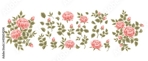 Collection of vintage rose, peony flower, leaf branch, feminine floral bouquet arrangements