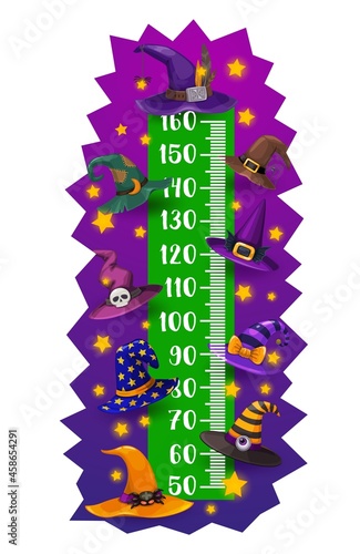 Kids height chart, Halloween witch and wizard hats, vector growth meter. Child height measuring scale or baby tall ruler with Halloween witch or sorcerer hats with skull, stars and zombie eyeball