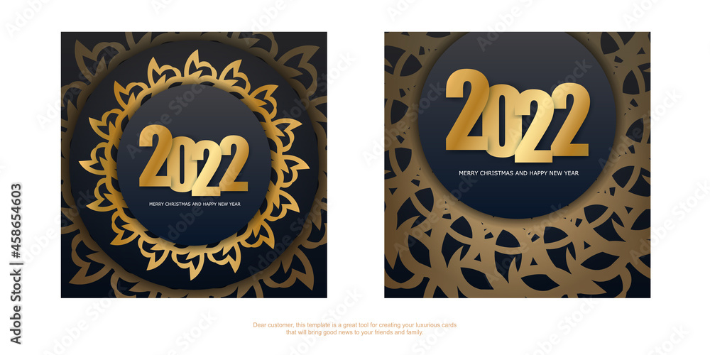 Merry christmas and happy new year 2022 brochure template in black color with vintage gold ornament