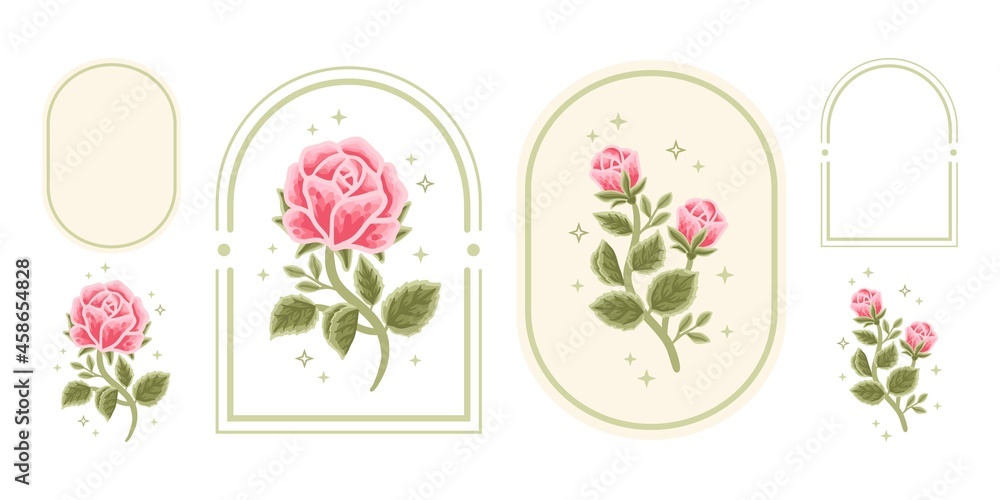 Vector feminine logo design template in trendy minimal style. Vintage pink rose bud, peony flowers and botanical leaf branch set. Emblem, symbols and icons for cosmetics, beauty and handmade product