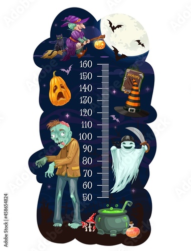 Kids height chart with cartoon Halloween monsters vector design of growth measure meter with ruler scale and horror ghosts, witch, zombie and bats. Halloween pumpkin, witch hat and potion stadiometer