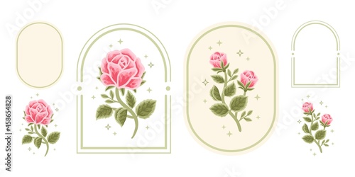 Vector feminine logo design template in trendy minimal style. Vintage pink rose bud, peony flowers and botanical leaf branch set. Emblem, symbols and icons for cosmetics, beauty and handmade product