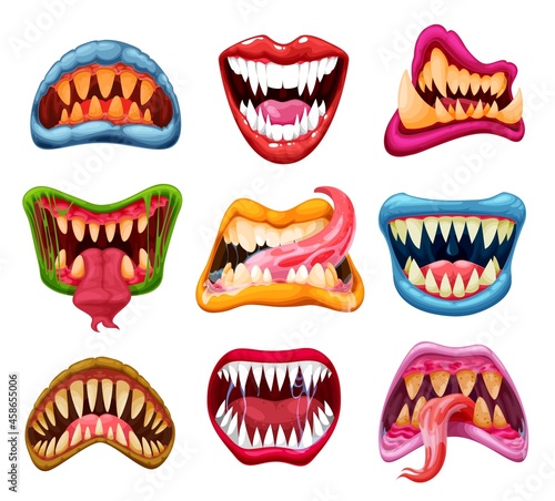 Monster jaws and mouths with cartoon teeth and tongues. Vector Halloween monster or vampire smiles, scary alien beast, horror demon, dracula or zombie with spooky fangs, green slime and saliva drops