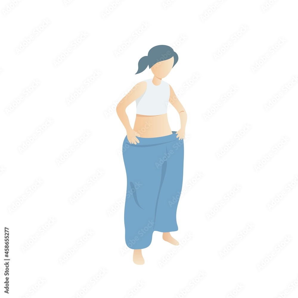 Lose weight for shape and body wellness,young woman after weight loss Success try her old big pant,Vector illustration. Lose weight for shape and body wellness,young woman after weight loss Success try her old big pant,Vector illustration.