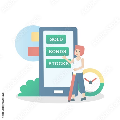 Diversification investment,financial success and balance,Risk management money growth and turnover,guarantee of security financial savings,Invest in gold, bonds and stocks,Vector illustration.