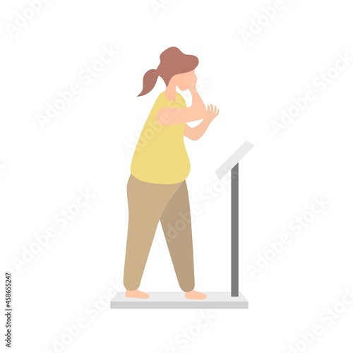 Fat woman worry stand on electronic scales,Overweight and Obese people,problems feeling unhappy stressed,Healthcare concept,Vector illustration.