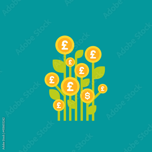 Green bamboo plant with gold pound sterling coins. Money tree on blue background.
