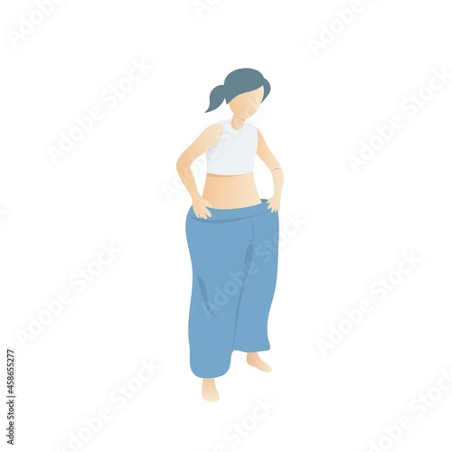 Lose weight for shape and body wellness,young woman after weight loss Success try her old big pant,Vector illustration.