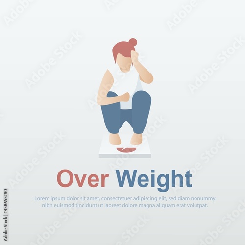 Fat woman worry sit on electronic scales,Overweight and Obese people,problems feeling stressed,Healthcare concept,Vector illustration.