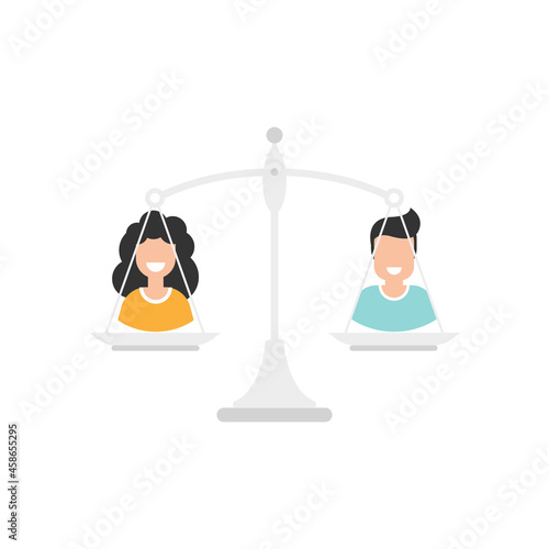 Gender and sexual equality concept. Scales with man and woman avatars.
