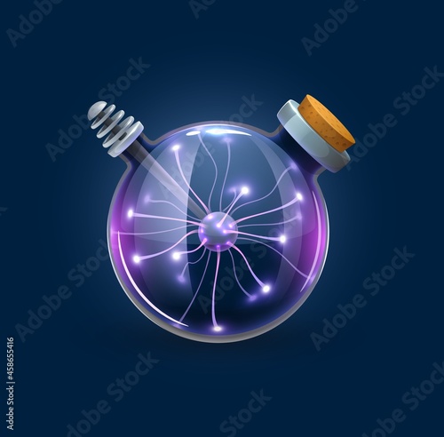 Witchcraft bubble bottle with lightning discharges, magic ball lightbulb. Witch or sorcerer magic crystal sphere with magic electric energy power lights and cork bung, mystery and alchemy game asset