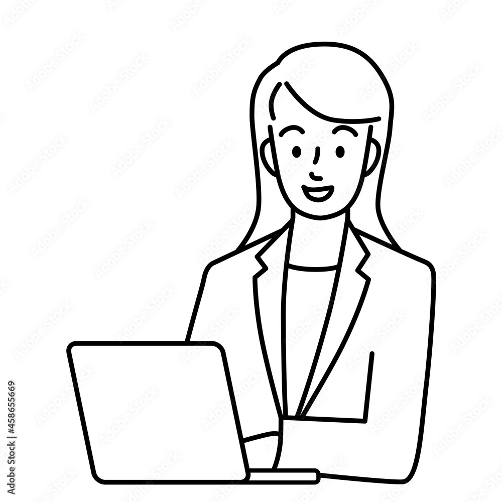 Upper body of a young woman in a suit using a laptop (line) Upper body of a young woman in a suit using a laptop (line)