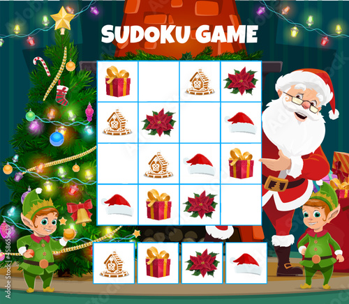 Children Christmas sudoku game with holiday gifts, Santa hat and poinsettia, gingerbread cookie. Child logic puzzle, kids riddle with Santa Claus and elfs characters, Christmas tree cartoon vector