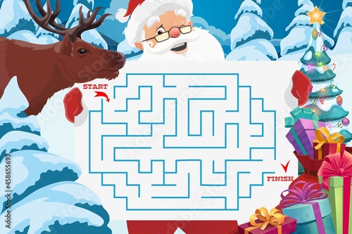 Santa with maze or labyrinth game vector template of children education. Christmas logic puzzle or riddle with square labyrint map, help reindeer find way to Xmas tree with gift boxes and lights