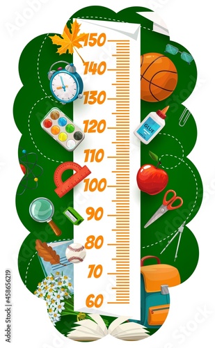 Kids height chart with school book and bag, stationery and sport items. Children height centimeters scale, child height chart or kids growth meter with basketball ball, paint and paints, schoolbag