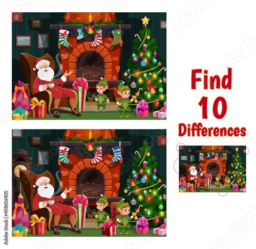 Christmas find ten differences game with Santa and elfs. Kids searching and comparing details playing activity. Santa Claus siting in living room, elfs with gifts near Christmas tree cartoon vector