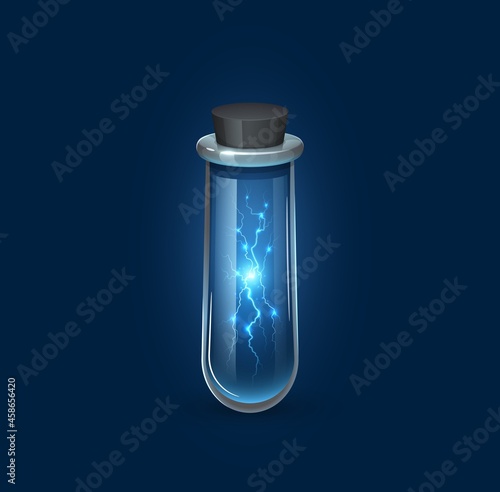 Witchcraft glass flask with lightning discharge, magic potion with power energy, cartoon vector. Witch or wizard sorcerer spell potion elixir in vial flask game asset, crystal glass phial with bung