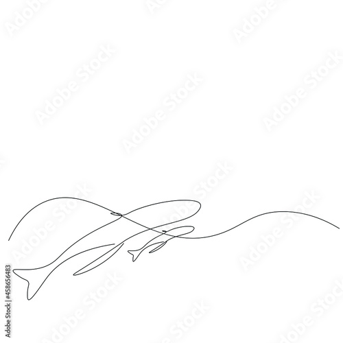 Whales swimming on sea line drawing vector illustration