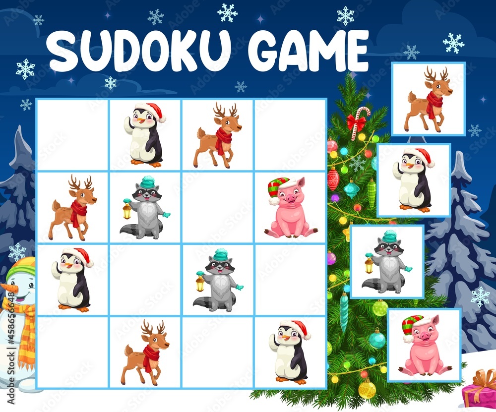 Fototapeta premium Sudoku game or puzzle with vector Christmas tree and animals. Logic mind game, puzzle, riddle or children education worksheet template with cartoon reindeer, pig and penguin, Christmas gifts, lights