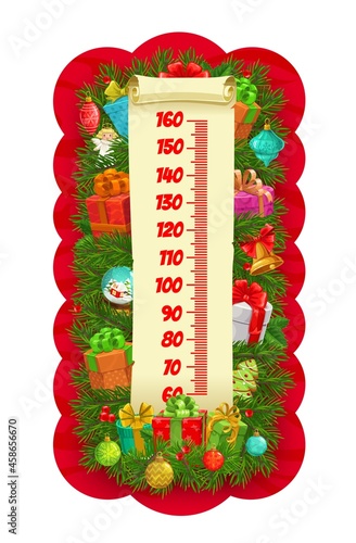 Christmas tree and gifts kids height chart growth meter. Vector ruler, isolated wall sticker for children height measurement with cartoon scale and present boxes on spruce branches with xmas decor