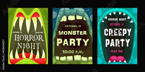 Halloween party vector flyers with monster mouth, cartoon invitation posters with open zombie or alien toothy jaws with sharp teeth and tongues. Happy Halloween horror night event invite cards set