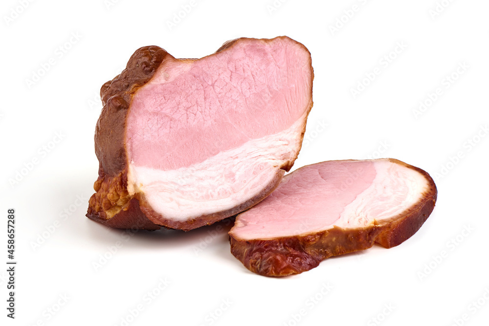 Smoked loin with slices, isolated on white background. Smoked loin with slices, isolated on white background.