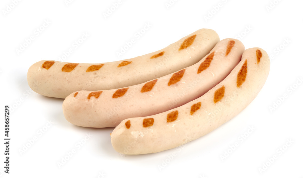 Roasted veal sausages, isolated on white background. Roasted veal sausages, isolated on white background.