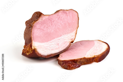 Smoked loin with slices, isolated on white background.