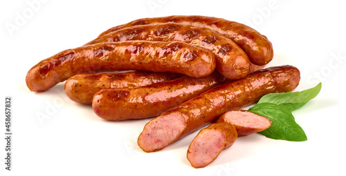 Roasted sausages, isolated on white background.