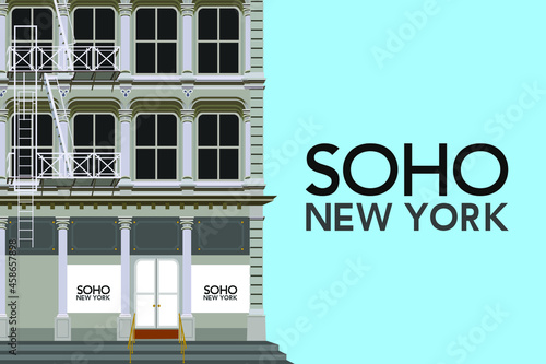 Building with a cast iron facade typical of the Soho district region of southern Manhattan Island in New York. Fire escape and shop window. Space for text. EPS vector illustration.