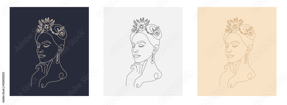 Vector minimalist style continuous one line art portrait. Line flower, woman Hand drawn abstract feminine print. Use for wall decor, beauty logo, poster illustration, card, t-shirt print 