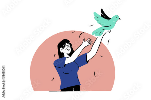 Girl releasing bird to free world