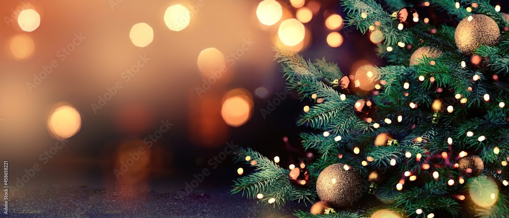 Christmas tree with lights background - obrazy, fototapety, plakaty 