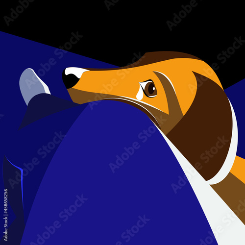 A crying dog at the foot of a man. Vector illustration.
