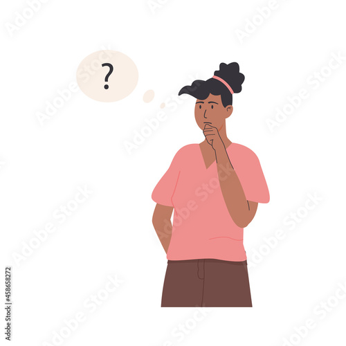 African black skin thinking character. Portrait of thoughtful person with question mark. Young woman solving problem, making decision. Flat style vector illustration.