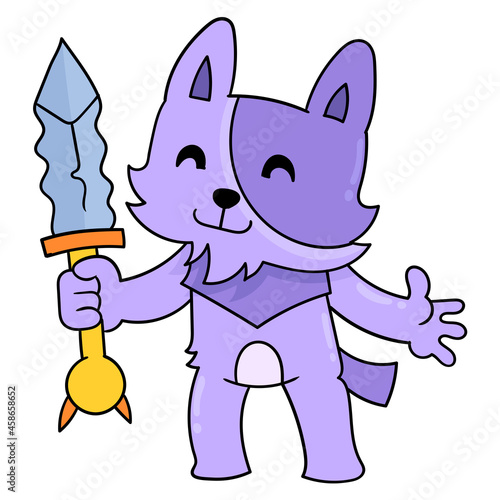 the dog is holding the magic sword, doodle icon image kawaii