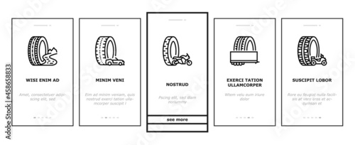 Used Tire Sale Shop Business Onboarding Mobile App Page Screen Vector. Winter And Summer Seasonal Used Tire For Truck And Car, Farm Tractor And Motorcycle Illustrations