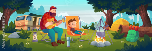 Family camping, father and little son relax in forest camp playing guitar at fire. Man and boy tourists summer time leisure, vacation hiking or traveling touristic activity Cartoon vector illustration