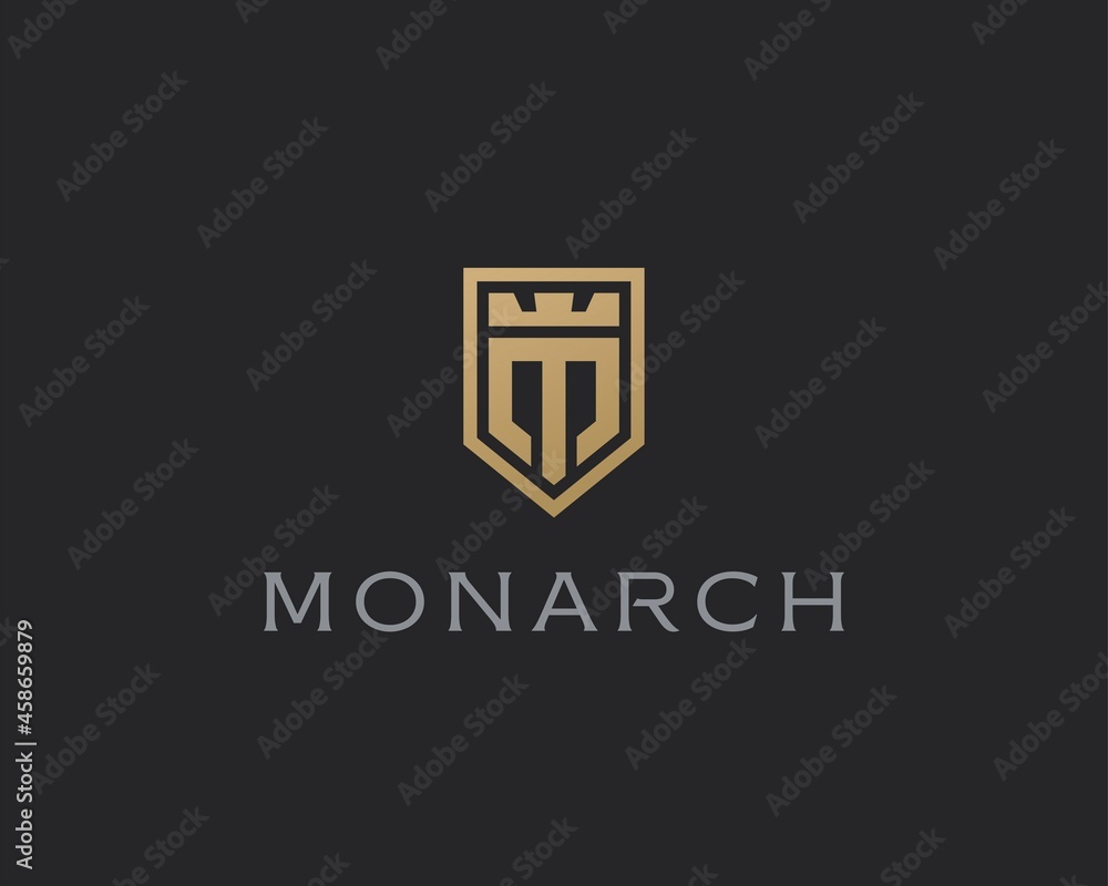 Premium monogram shield letter M initials logo. Elegant shield crown vector logo.