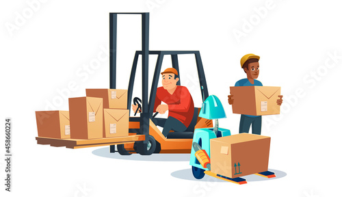 Forklift with driver, worker and robot carrying cardboard boxes. Vector cartoon illustration of lift truck with goods, autonomous robot and warehouse staff isolated on white background