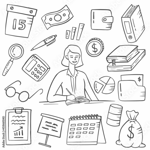 accountant jobs or profession doodle hand drawn set collections with outline black and white style