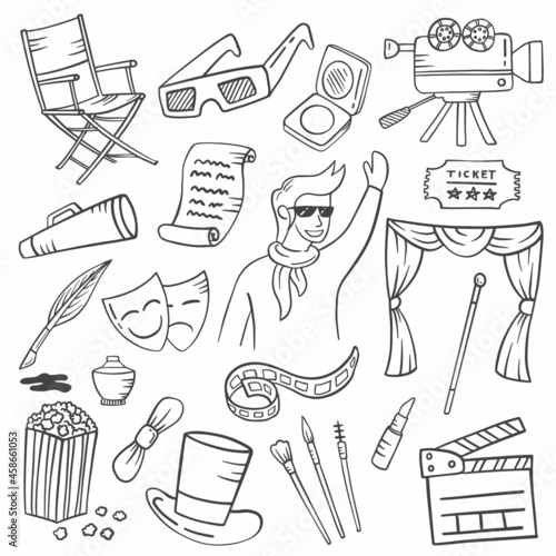 actor or artist jobs or profession doodle hand drawn set collections with outline black and white style