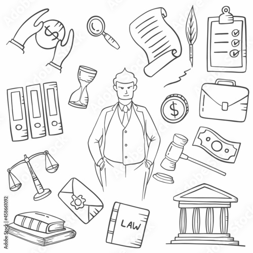 lawyer jobs or profession doodle hand drawn set collections with outline black and white style