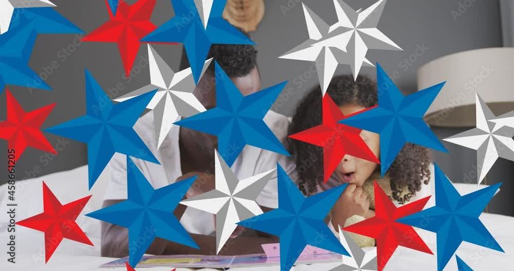 Animation of red, blue and white stars over african american father and daughter having fun Animation of red, blue and white stars over african american father and daughter having fun