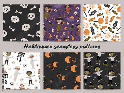 Halloween set of seamless patterns with kids in costumes.